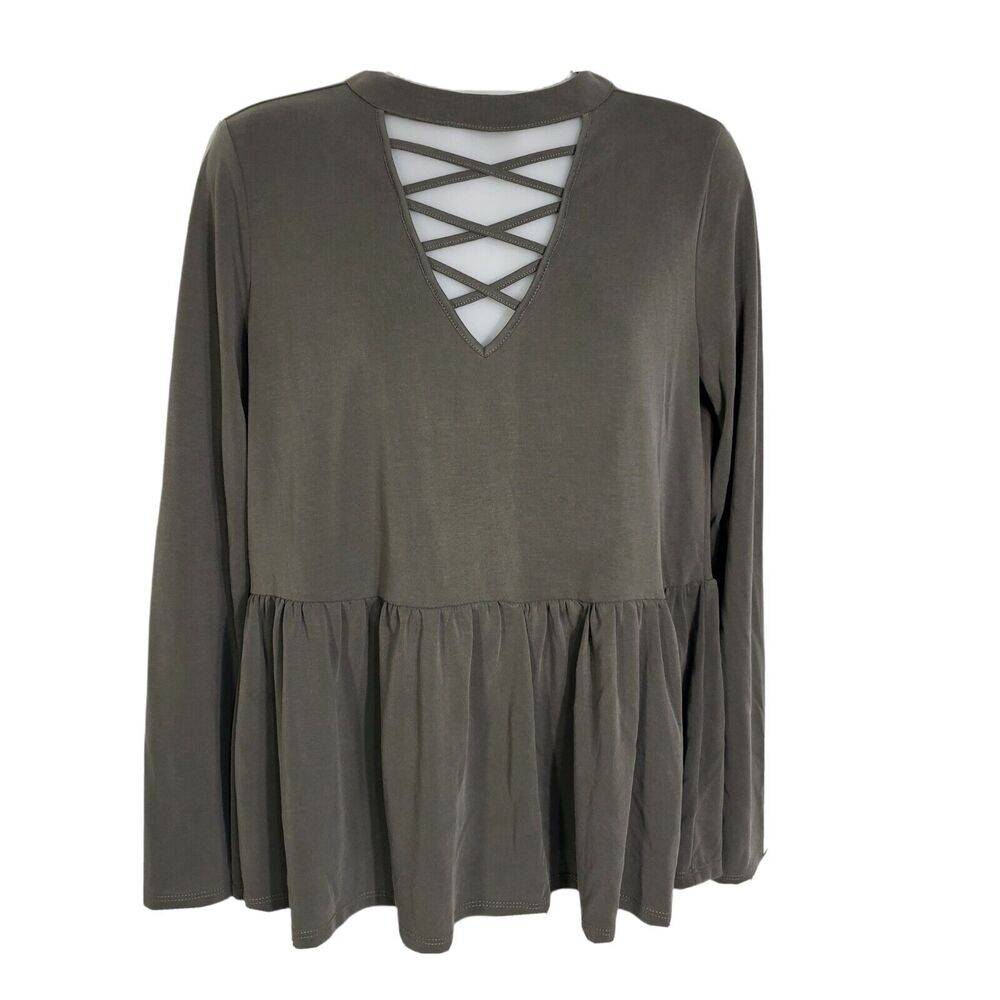 Onetheland Women’s Top Sz Small Blouse Green Peplum Crisscross Neck Long Sleeve